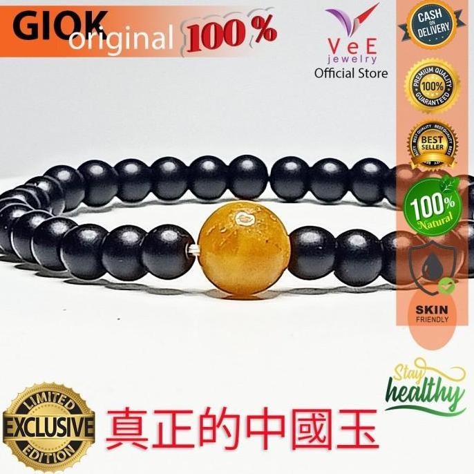 Gelang Tasbih 33 Butir Batu Giok Hitam 6mm Bandul Orange Burma Asli