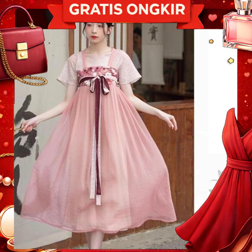 Maxi Long Dress Hanfu Chinese Traditional Baju Terusan Wanita Imlek Sincia Merah Green Pink Top Mand