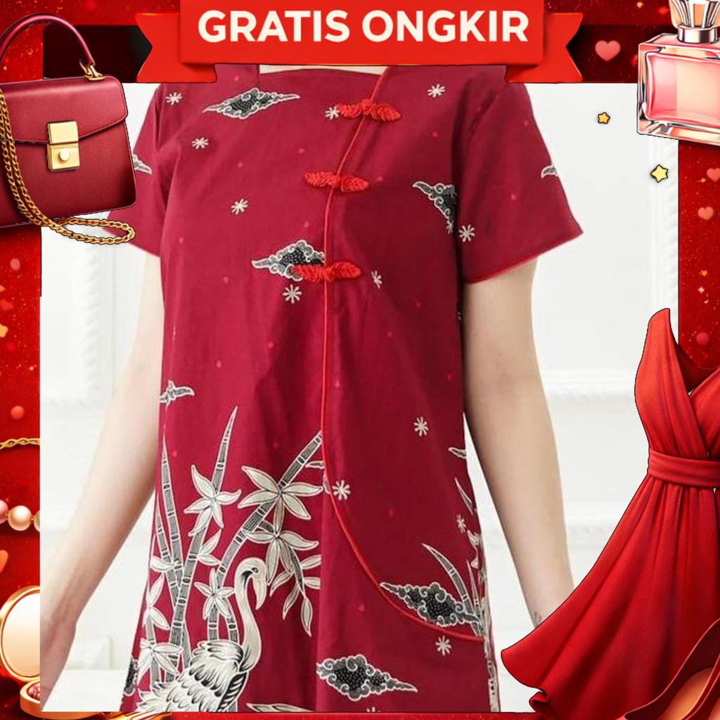 Dress Batik Cheongsam Wanita Modern Baju Imlek Cny Sincia Qupao Katun