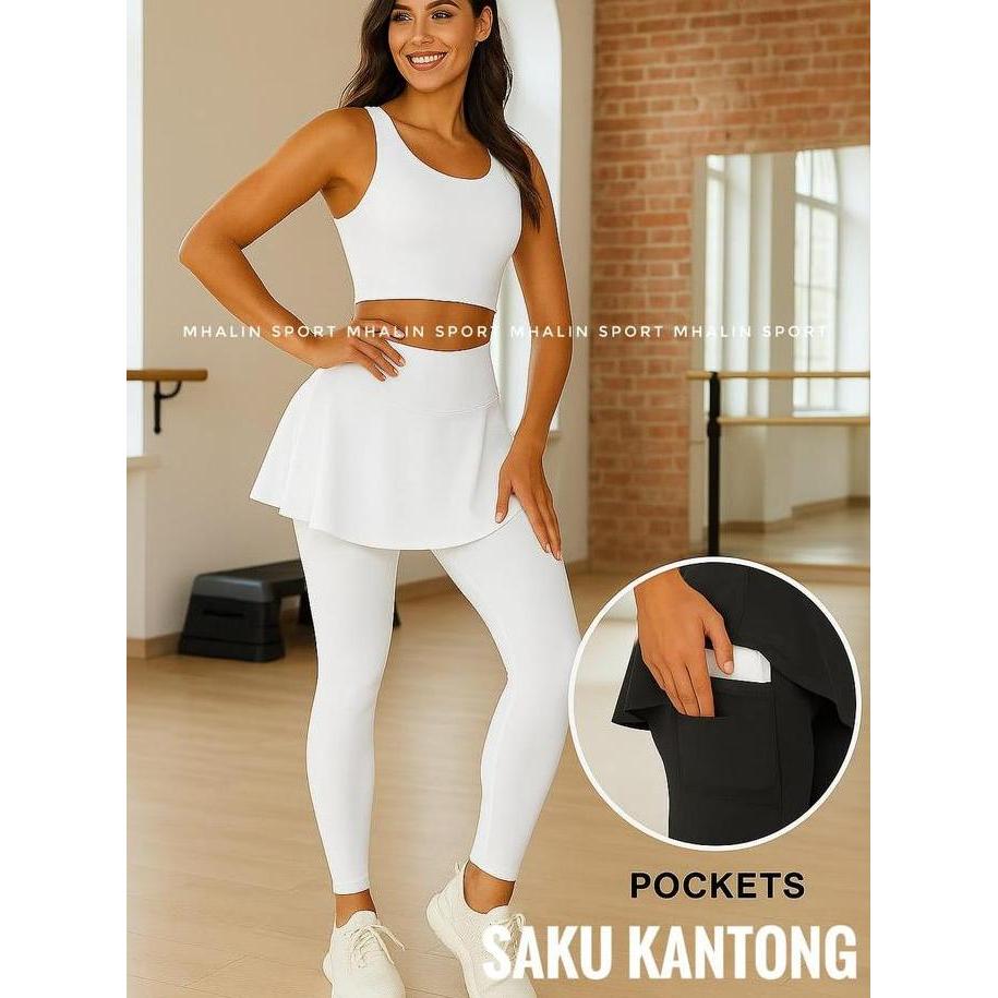 Moumentix- Legging Rok Sport Senam Aerobic Ada Kantong Samping - Rok Legging Senam Putih Polos Premi