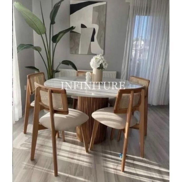 Terlaris Meja Makan Kayu Jati Minimalis Modern Top Marmer - Meja Makan Bulat Salur Jati Asli