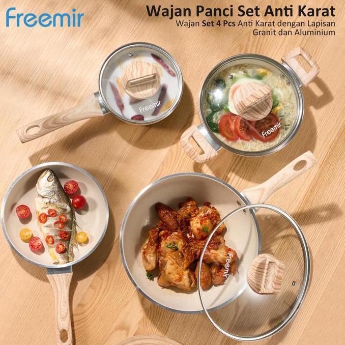 Terpopuler- [Crehom] [Bonus Kompor] Freemir Green Set 4 Pcs Wajan Panci Penggorengan Warna Hijau Waj