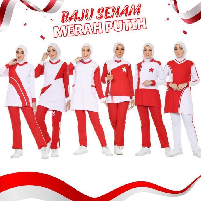 Terpopuler- Nano Sportswear Baju Senam Muslim Merah Putih / Baju Senam Muslim Wanita