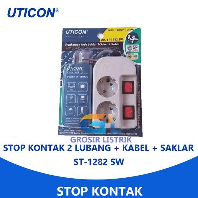 Listrikk- Uticon Stop Kontak Arde 2 Lubang + Kabel + Saklar St-1282 Sw St 1282