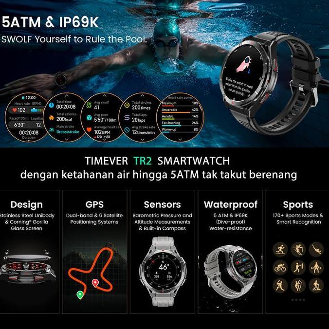 [Exclusive Alanipey] Timever Tr2 | Gps Track Map | 5Atm | Aod Jam Tangan Pintar | Jam Tangan Militer