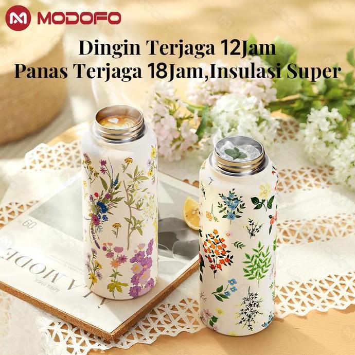 MODOFO Tumbler Stainless 1000ml Aesthetic dengan Sedotan Tahan Panas & Dingin 24 Jam Motif Bunga BPA