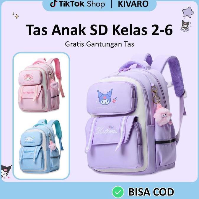 BEST SELLER / PREMIUM Tas Anak SD Perempuan Kelas 2-6 Motif Kuromi Gratis Gantungan Lucu Ukuran Besa
