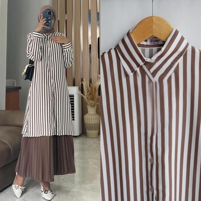 Thebest- Atasan Kemeja Tunik Wanita Lengan Panjang Motif Salur Garis Bahan Rayon Premium Full Kancin