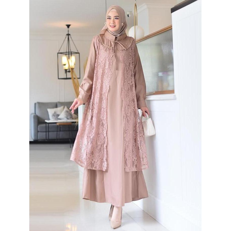 Gamis Set Inner dan Outer 2 in 1 Bahan Katun Toyobo Original Mix Brukat Dress Pesta Kondangan Bisa S