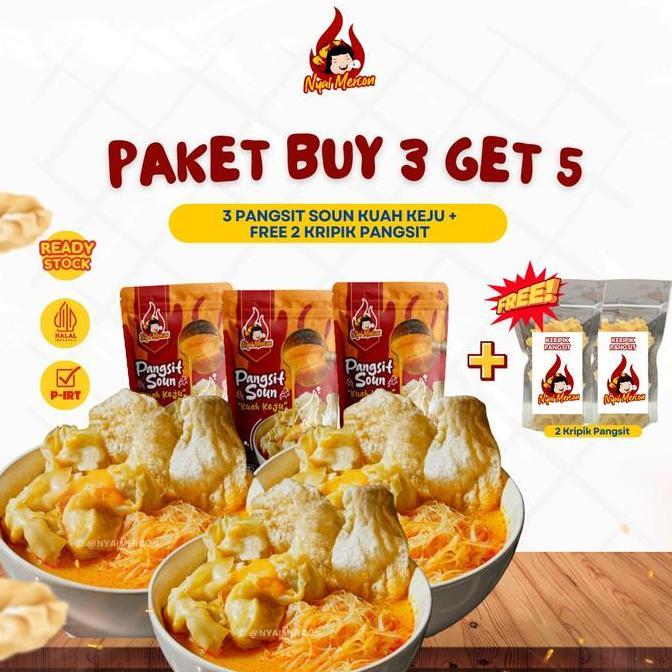 Paket Buy 3 Get 5 (3 Pangsit Soun Kuah Keju + Free 2 kripik Pangsit) - Nyai Mercon Makanan Instan