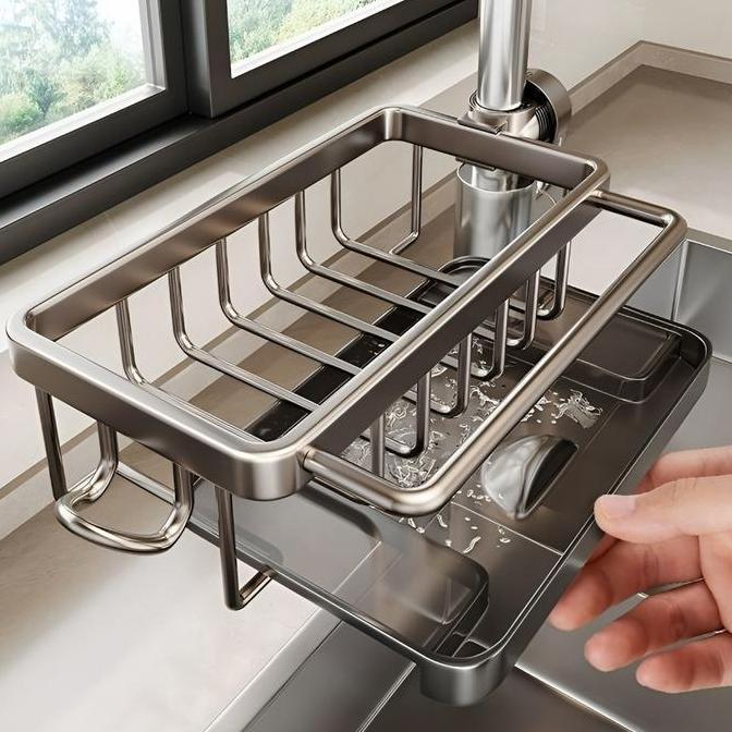 Rak Organizer Wastafel Dapur Tempat Sabun Spons Rak Aluminium Penyimpanan Tempat Kain Pencuci Piring
