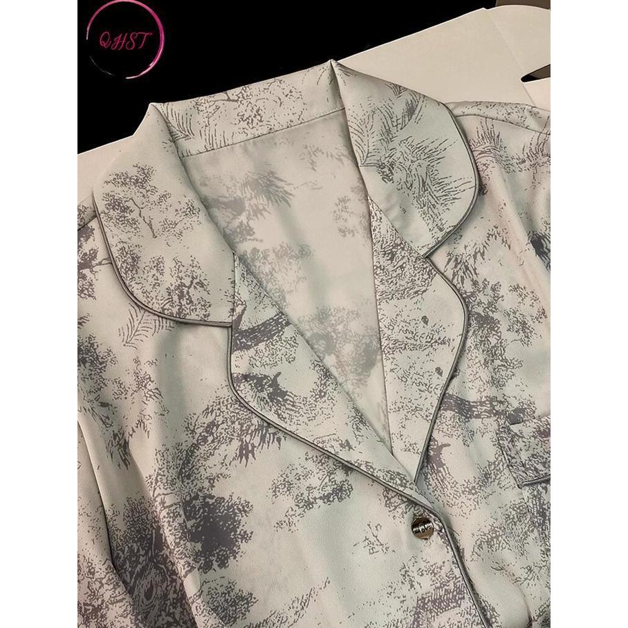 Terpopuler- Qhst Piyama Set Wanita Gaya Cina Lukisan Tinta Abu |  Lengan Panjang Celana Panjang | Ba