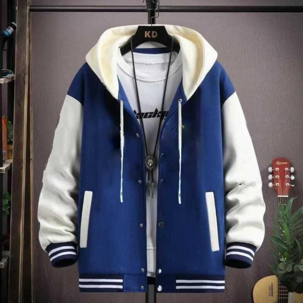 NEW DEALS JAKET HOODIE VARSITY HITAM CREAM POLOS - JAKET BASEBALL VARSITY POLOS MODEL KANCING PREMIU