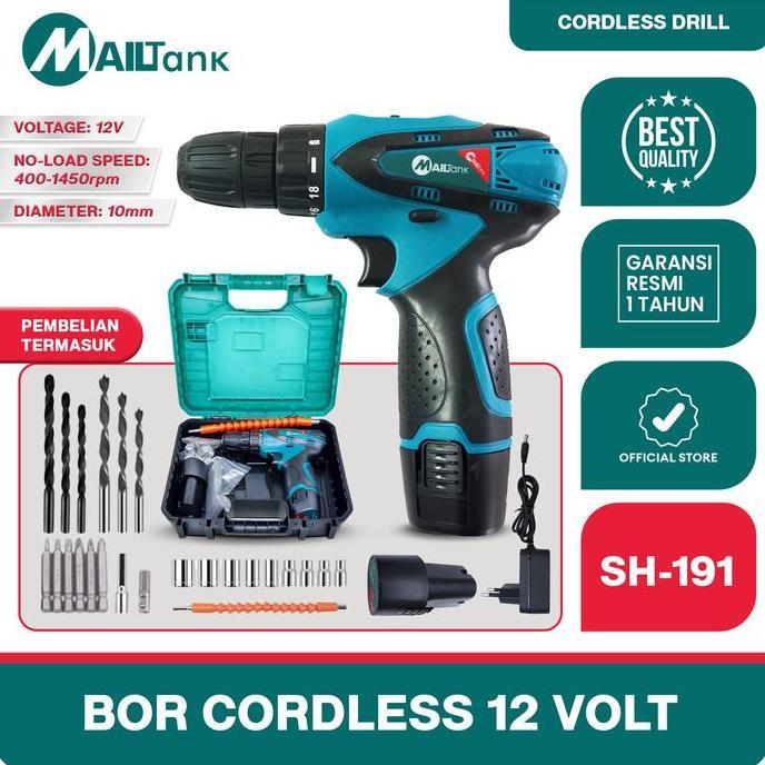 MailTank SH191 Mesin Bor Baterai Cordless Drill 12V MailTank , BOR CAS 2 BATERAI