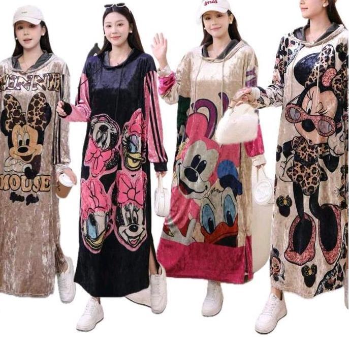 Promo Hoodie Long Dress Velvet bludru lengan panjang Motif jumbo Wanita Diskon