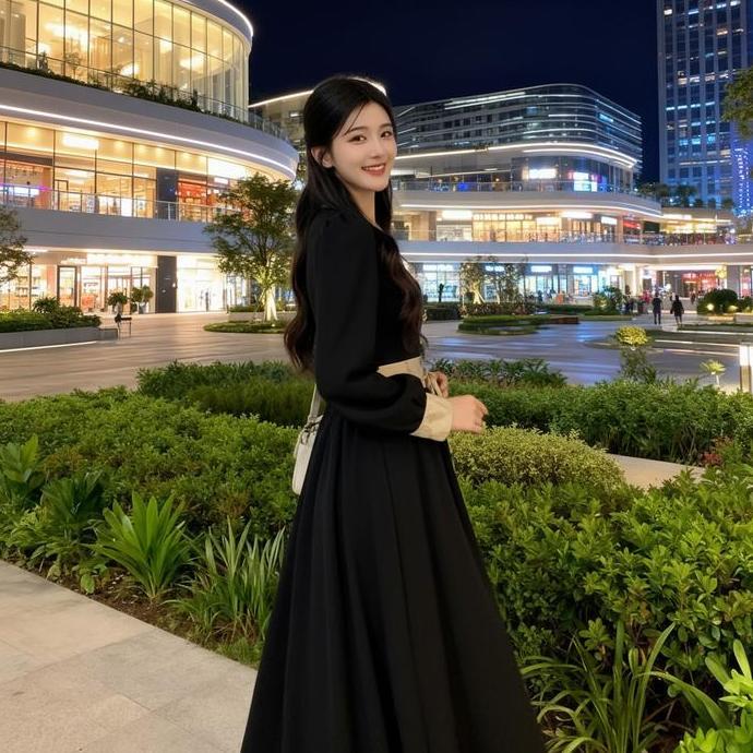 Long Dress Hitam Premium Look Vintage Modern Dress Hitam Formal Korea Motif Renda & Ikat Pinggang Mu