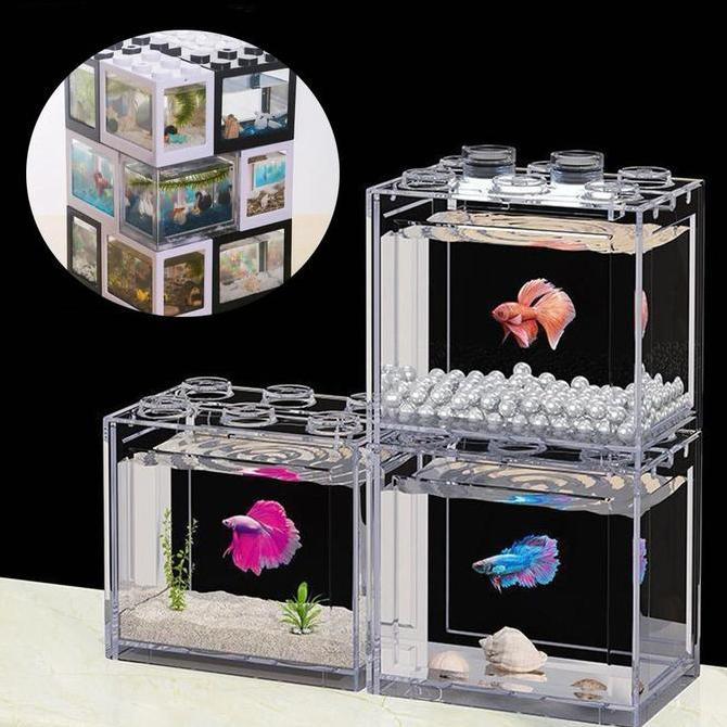 Catbull- Akrilik Aquarium Block Cupang Ukuran 16X15Cm Bingkai Warna Warni Display Ikan Hias Mini Aro