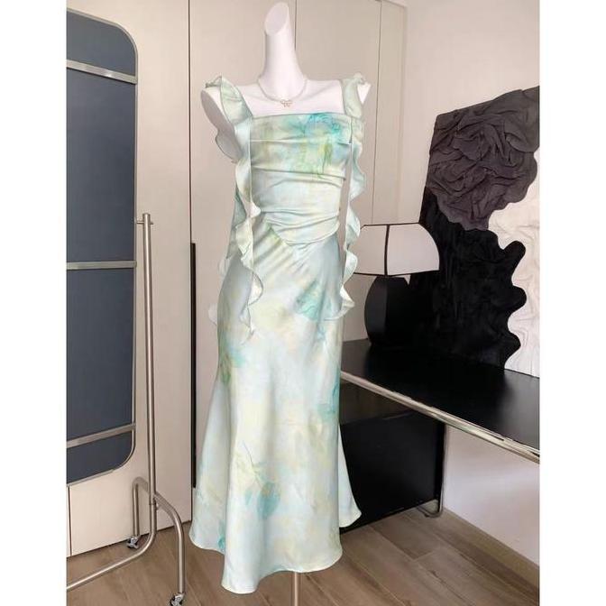 Promo 7872 sage green floral dress plus size boho dress for woman beach long dress elegant summer ca