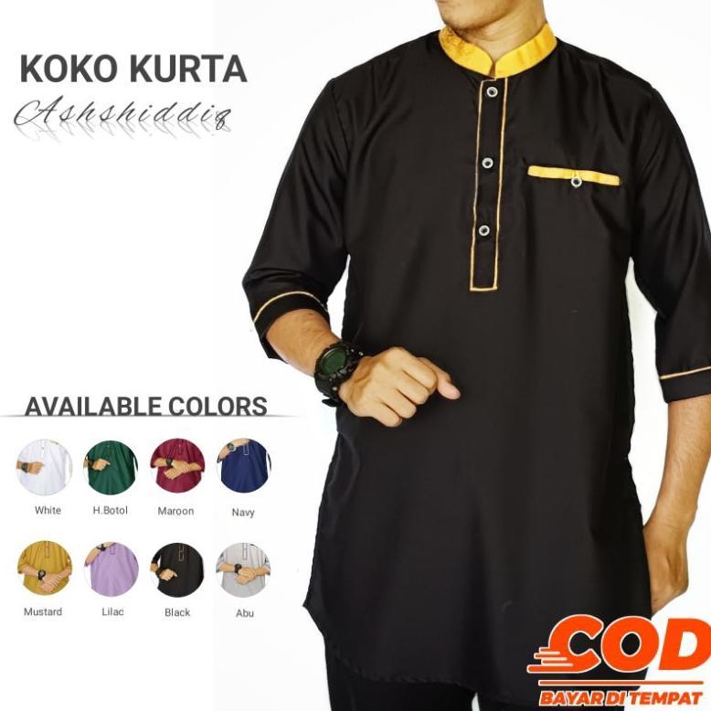 DISKON KOKO KURTA ASHSHIDDIQ - BAJU KOKO KURTA PRIA DEWASA LENGAN 3/4 WARNA MUSTARD PUTIH HIJAU BOTO