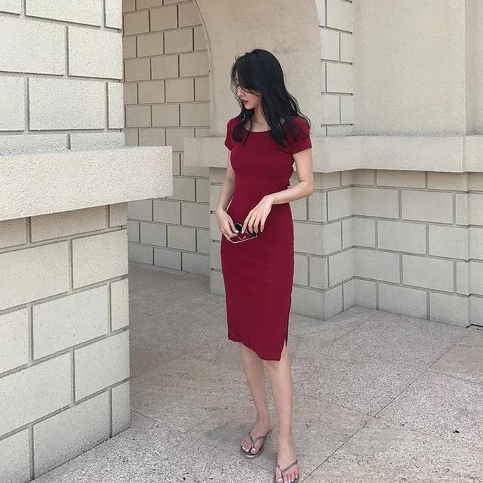 Promo KOKO - Dress Midi Sexy Polos Simple Wanita Gaun Casual Motif Variasi Panjang Mini Pendek Hitam