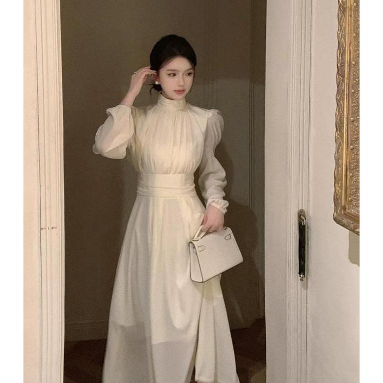 Promo VIRGO beige midi dress long sleeve woman premium / coquette dress / korean summer dress / beac