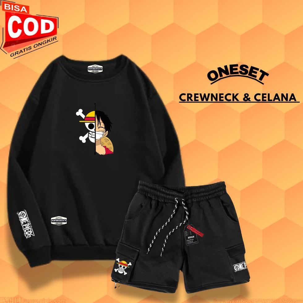 Promo Setelan Oneset Crewneck Sweater Dan Celana Pendek Cargo Pria Wanita Distro Stelan Sweater Cela