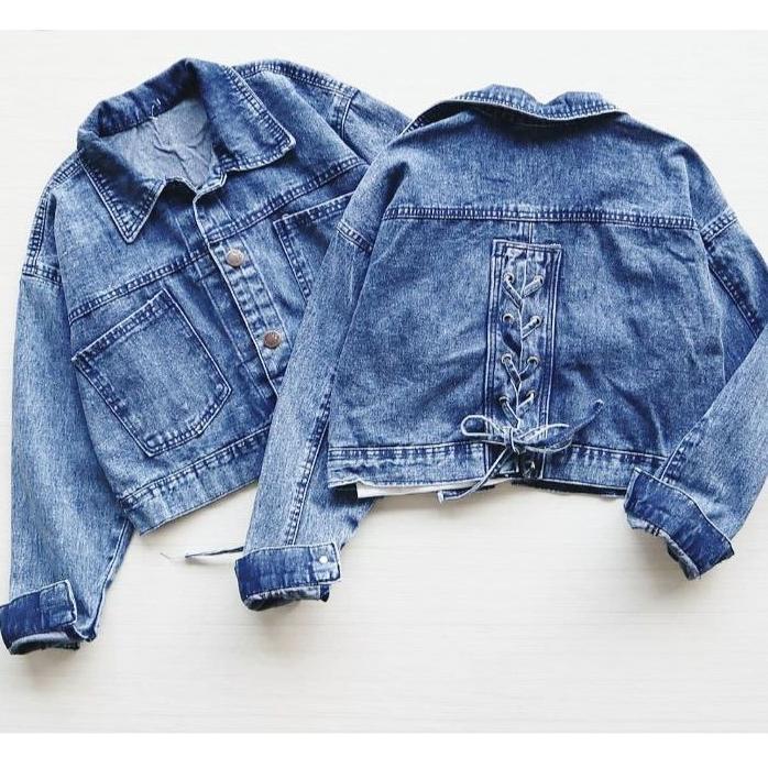 BESTPROMO Jaket Jeans Wanita Crop Denim Tali Belakang Kekinian Terbaru