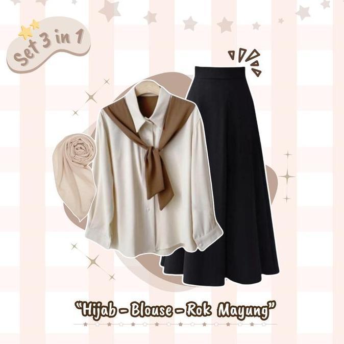 DY70 - Outfit Set 3in1 Setelan One Set Korea Kekinian ( Blouse Kemeja + Rok Mayung + Jilbab Segi 4 )