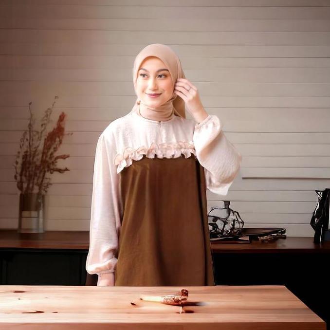 DR272 - One Set Tunik Setelan Crinkle Kombinasi Santorini Tangan Panjang Tunik Kekinian Simmer Rempe