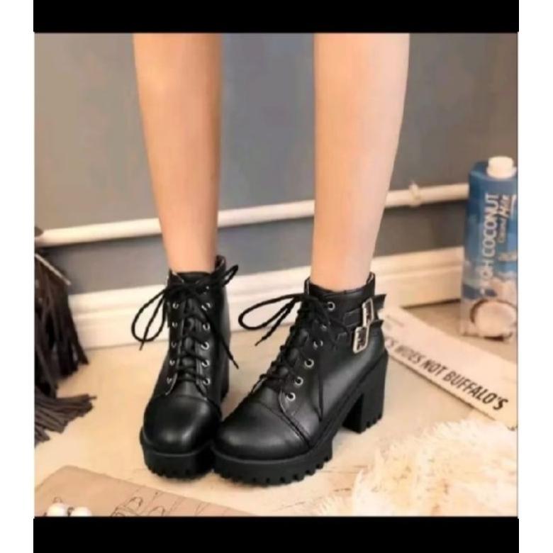 BESTPROMO sepatu sneakers boots wanita hak tebel sepatu boots koboy korean style sepatu boots hitam 
