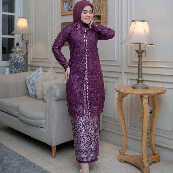 DF3 - Set Kebaya Brukat Payet KIMONO FREE HIJAB Kebaya Modern/Kebaya Ibu Besan/Kebaya Kondangan/Keba