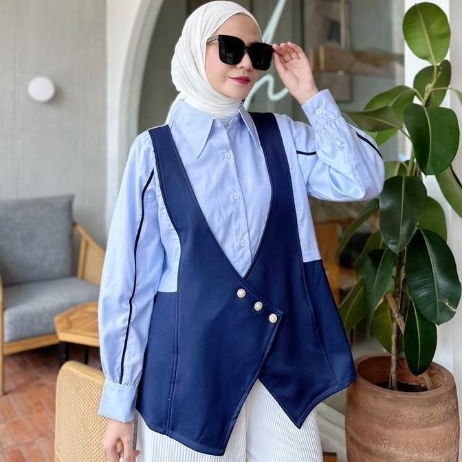 DY100 - NAVY CLOTH - REBECCA Blouse | Kemeja Rompi Wanita Busui Muslim Kekinian mewah Fashion Hijab 