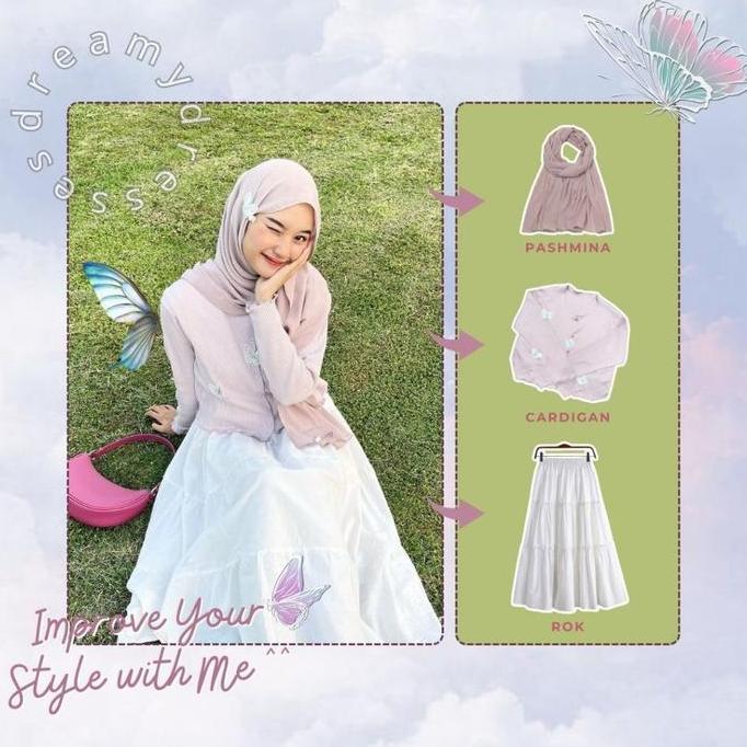 DI61 - 3in1 Set 124 - One Set Korean Style One Set Oneset Hijab Blouse cardigan Kupu-Kupu Cardigan B