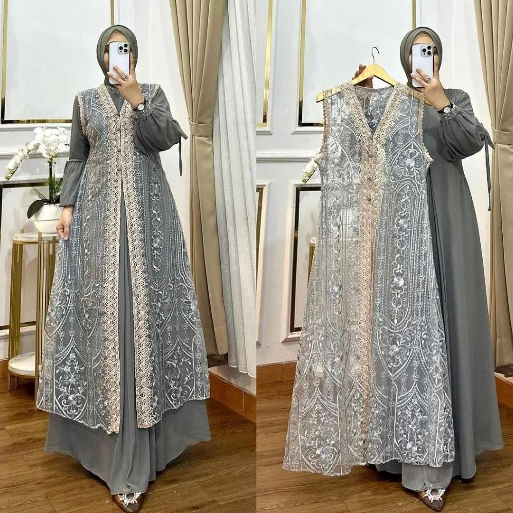 BEST SELLER GAMIS ABAYA PUTIH BUNGA AZIZAH DRESS BAHAN CERUTY BABY DOLL MIX BROKAT FULL PURING GAMIS