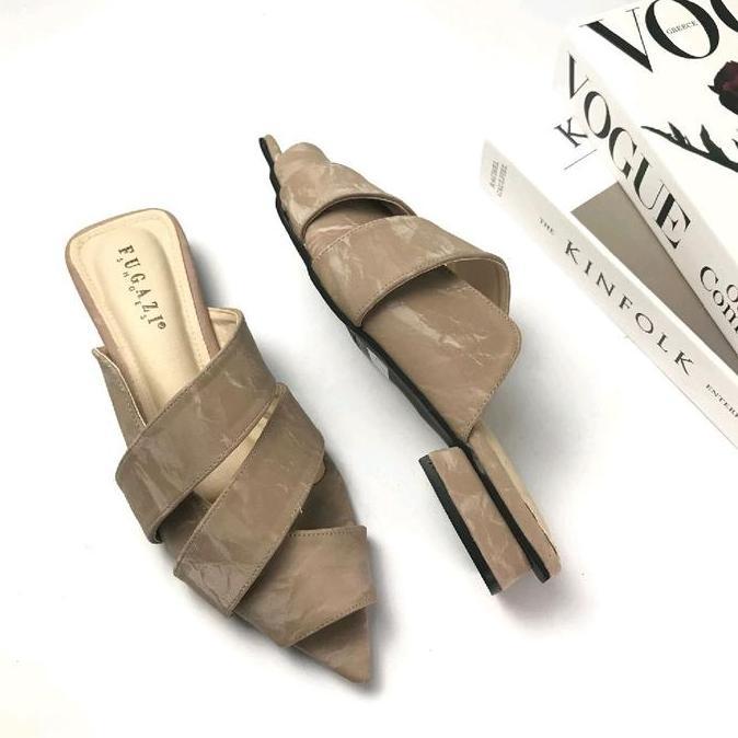 Terpopuler- Fugazi - Rebecca Sepatu Mules Wanita Slip On Hak 3 Cm Flat Selop Pointy Daily Sandal Sho