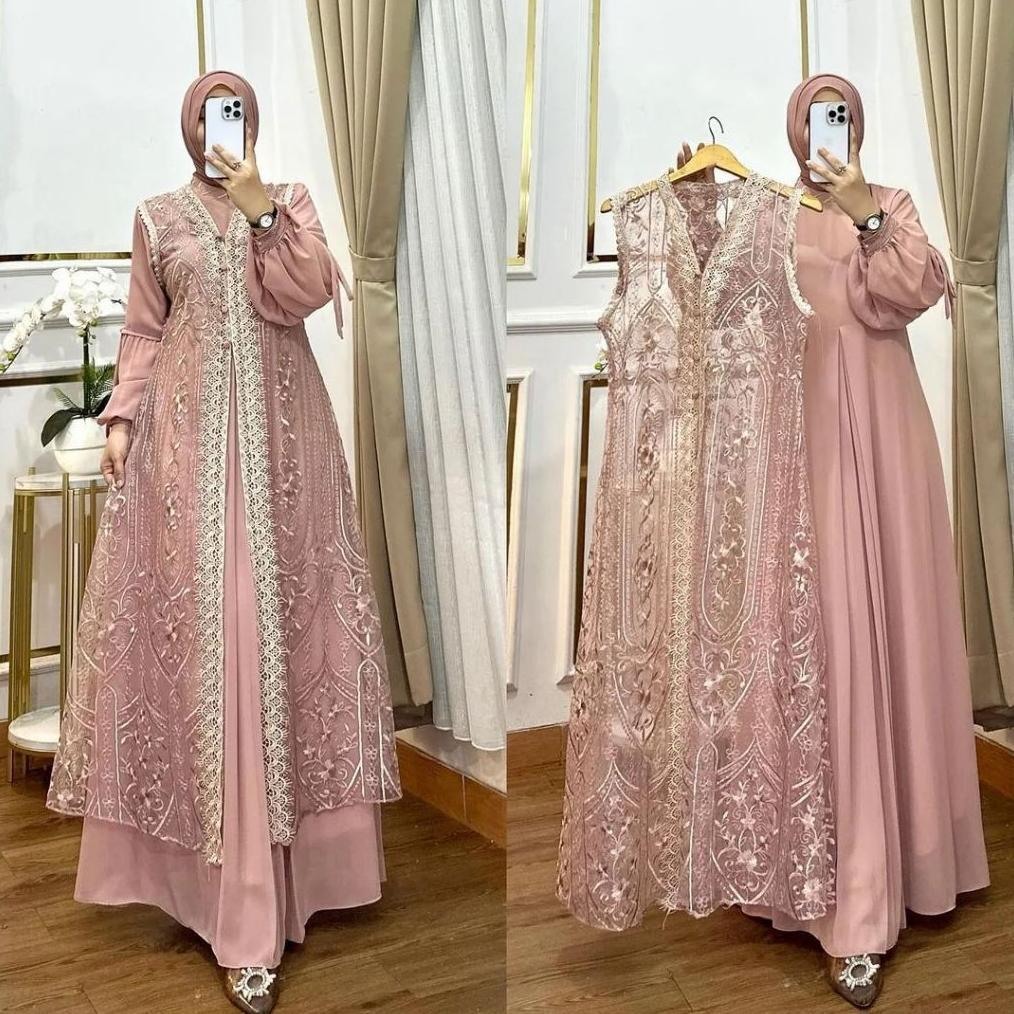 FREE ONGKIR GAMIS ABAYA PUTIH BUNGA AZIZAH DRESS BAHAN CERUTY BABY DOLL MIX BROKAT FULL PURING GAMIS