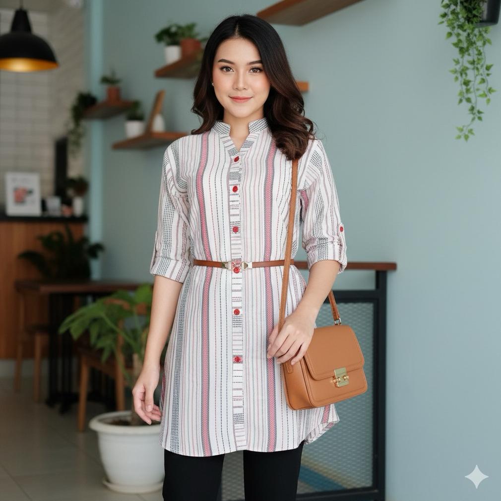 FREE ONGKIR JUBII.TUNIK TRISET MOTIF DOBBY TIMBUL FREE IKAT PINGGANG CANTIK