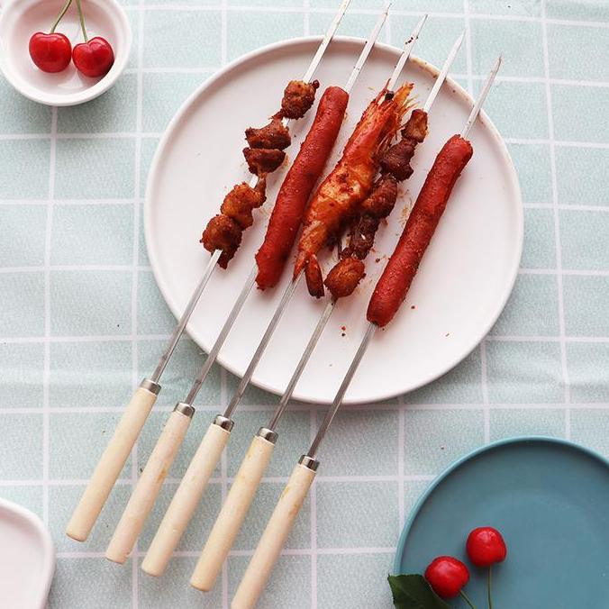 Tusuk Sate Stainless Steel 33cm Gagang Kayu Anti Lengket 50 Pcs BBQ Skewer Tahan Panas & Reusable [t