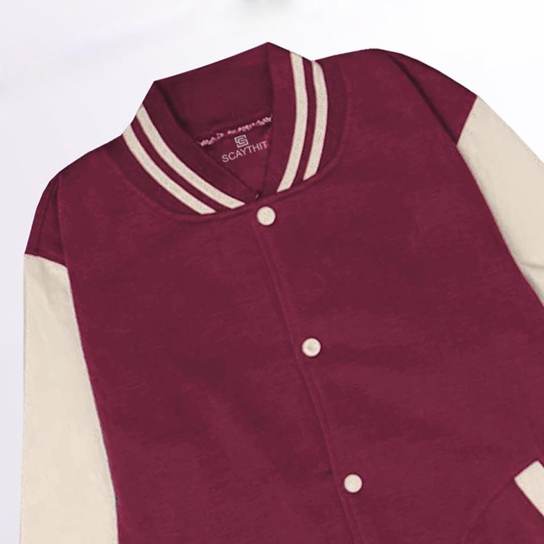 TERMURAH SCAYTHIT - JAKET VARSITY POLOS MARUN CREAM UNISEX ( PRIA - WANITA ) JAKET VARSITY KANCING