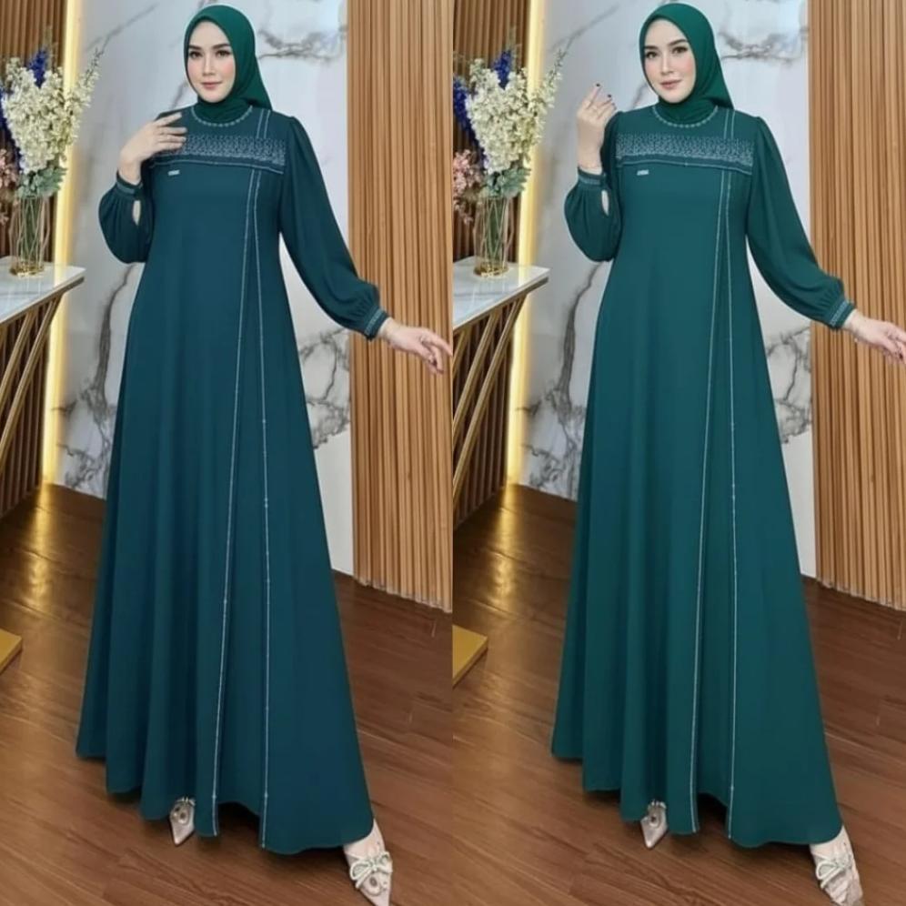 PREMIUM SABRINA DRESS GAMIS WANITA ELEGAN BAHAN CERUTY BABYDOLL SWAROSKI PREMIUM WARNA EMERALD BLUE 