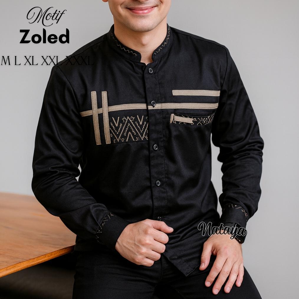 ORIGINAL BAJU KOKO PRIA KOKO LENGAN PANJANG MOTIF ZOLED BAHAN KATUN TOYOBO PREMIUM ADEM WARNA HITAM
