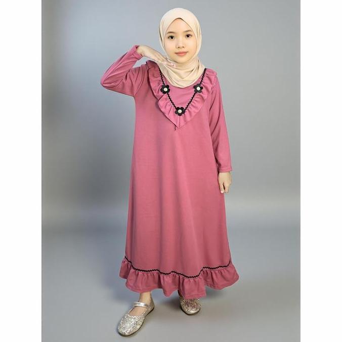 DB270 - Gamis Anak Perempuan Nabila 900 Bahan Knit Tempelan Bunga Renda
