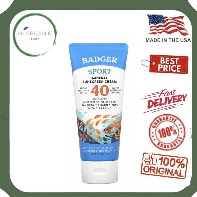 Badger Company Sport Mineral Sunscreen Cream SPF 40 Unscented 87 ml