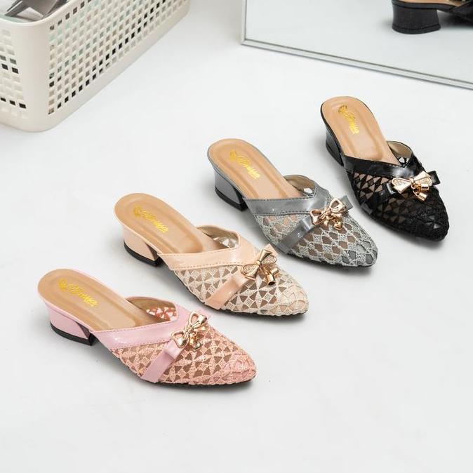 DV67 >> Sandal Anak wanita high heels kekinian slop hak 2-3cm bahan brokat import Kaki Motif Fashion