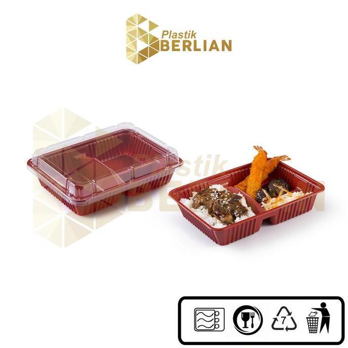 TERMURAH - Tray Mika Bento 2 Sekat Merah + Tutup isi 100pcs - LBHX-02A