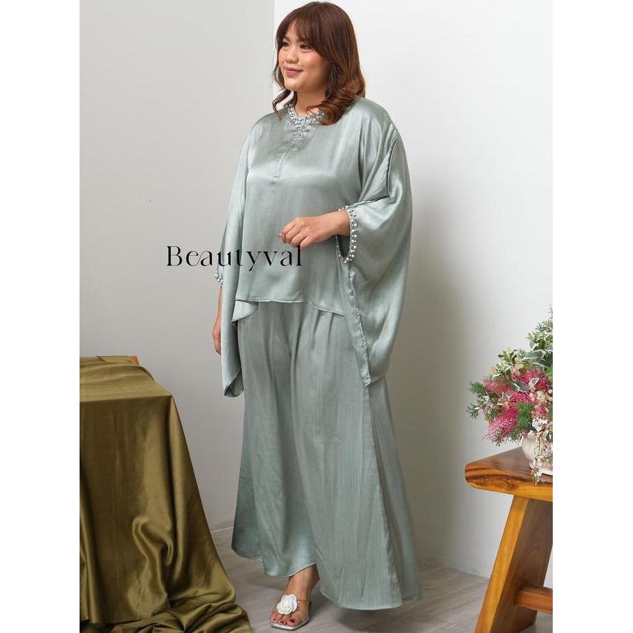 MALIKA SET SHIMMER BEAUTYVAL RAYA SERIES Atasan Bawahan Mewah Muslim Mutiara Silk Simple Wanita Oute