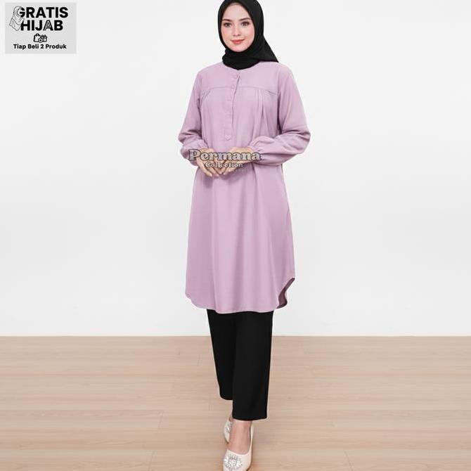 Atasan Wanita Lengan Panjang Baju Kemeja Muslim Tunik Warna Merah Dewasa Rayon Kantong Basic oversiz
