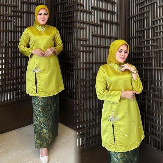 Promo (Free Hijab).. Kebaya Malaysia Model Terbaru Aksen Full Payet Mutiara Tunik Melayu Belah Sampi