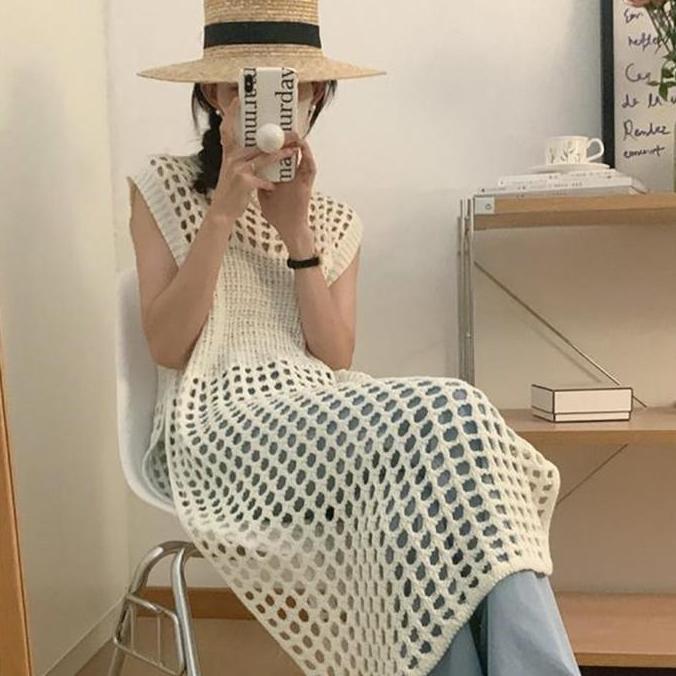 Newlan ZZ065 KNIT/tunik rajut wanita jaring tanpa lengan ATASAN TUNIK JARING OVERSIZE RAJUT PREMIUM 