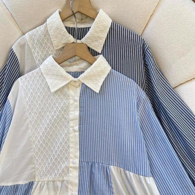 GHINA TUNIK KEMEJA SALUR BIRU EXTU MIX BURKAT ATASAN GARIS SETRIP